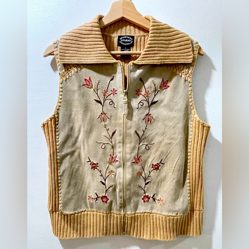 Designers Studio Originals Leather Embroidered Size S Sweater Vest Western Boho